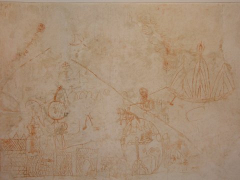 Capgròs entre les cases d’un poble, cavallers, vaixells i altres